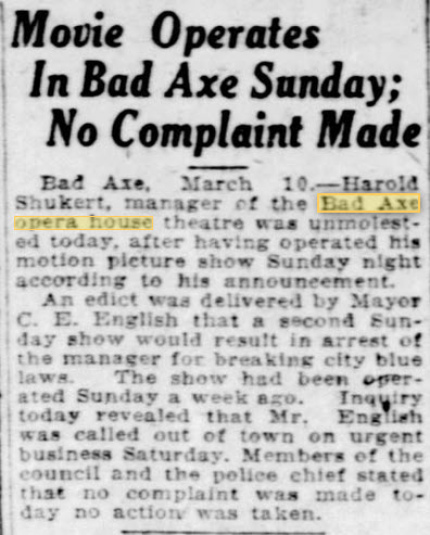 Bad Axe Opera House - 10 Mar 1924 Article (newer photo)
